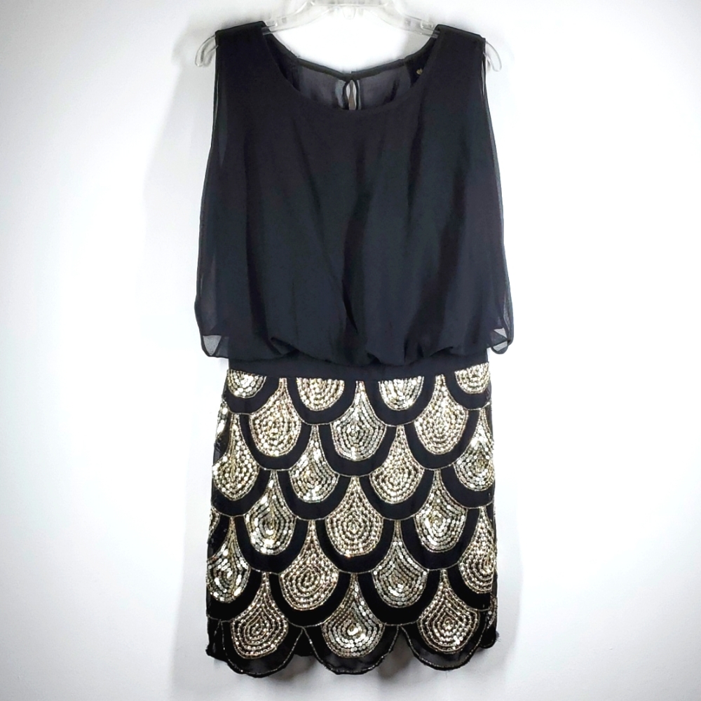 Nasserati Blouson Black Silver Sequin Sleeveless Dress 8 NWT